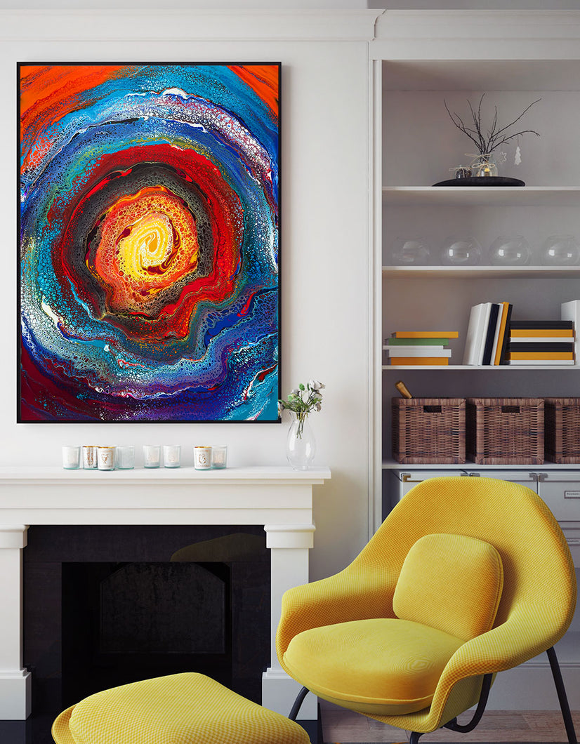 The Lumos Gallery, artist Teresa Soler, Inner Light, large acrylic fluid art painting in a setting.